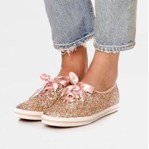 Kate Spade Gold Glitter Sneakers with Pink Satin Laces